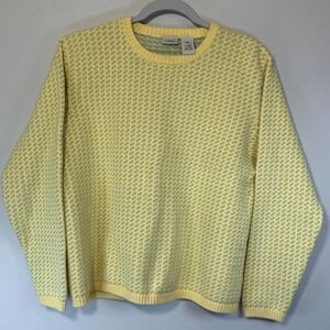 LL Bean Sweater Women's M Yellow Blue Cotton Birdseye Crewneck Good OXK36